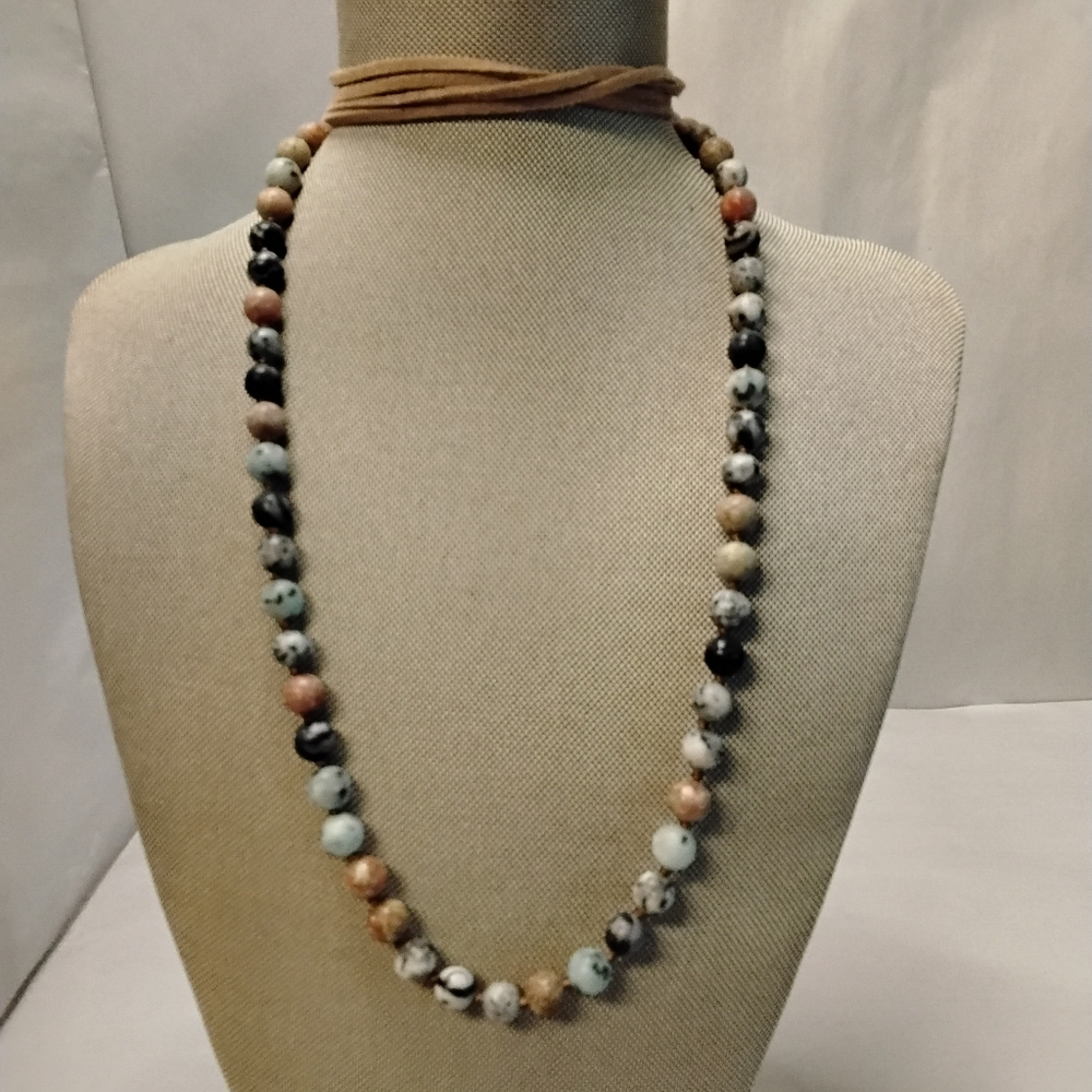 42 Inch Polished Stone Bead Necklace On Leather Cord